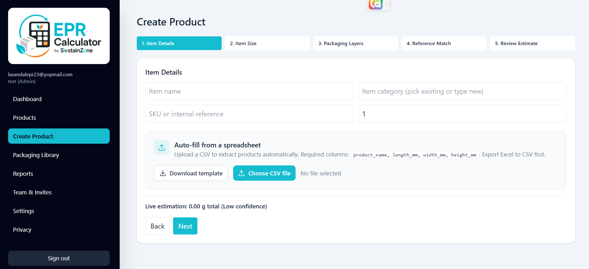 EPR Calculator form for adding product information