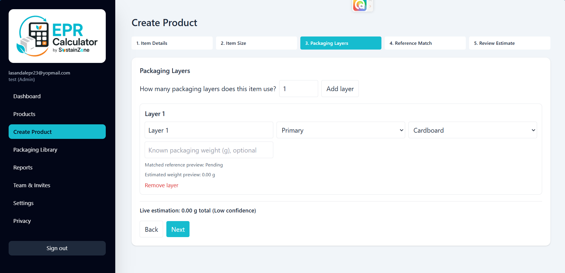 Packaging layers and weight estimation inside EPR Calculator