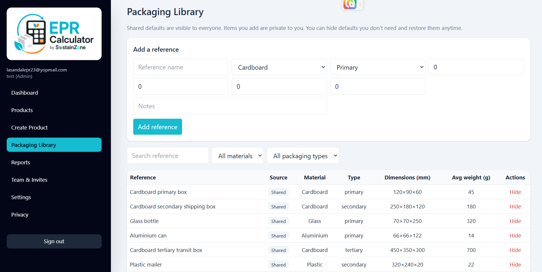 Private packaging reference library in EPR Calculator