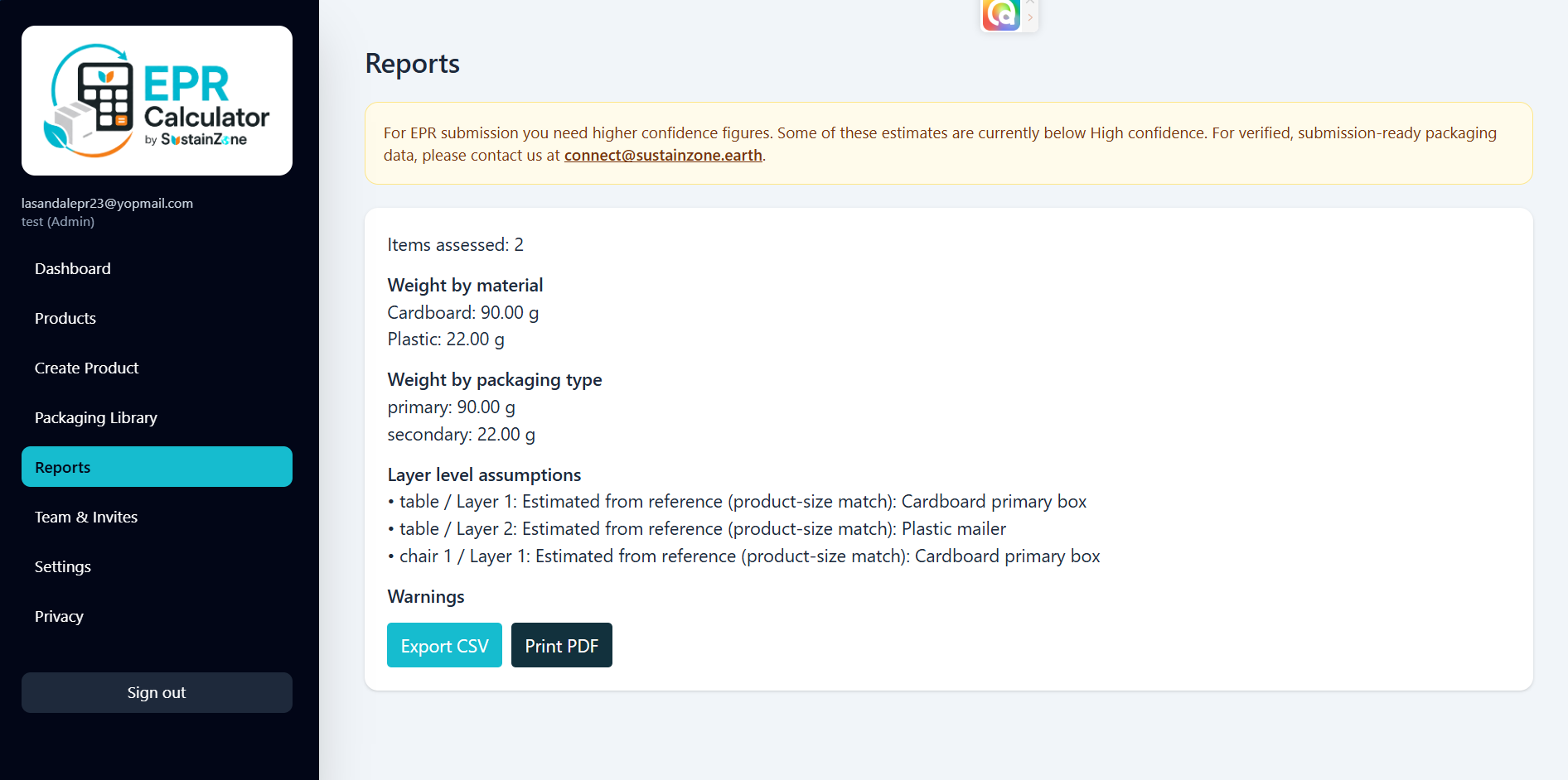 Packaging report and export options in EPR Calculator