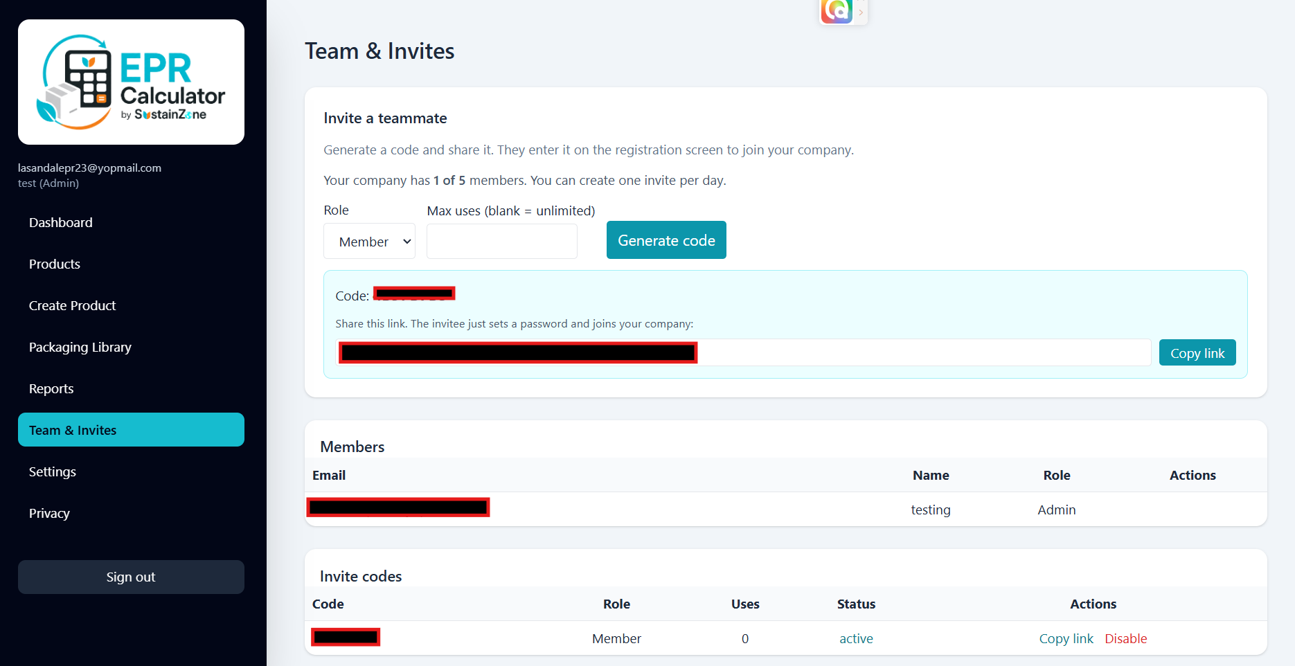 Company members and invite code area in EPR Calculator