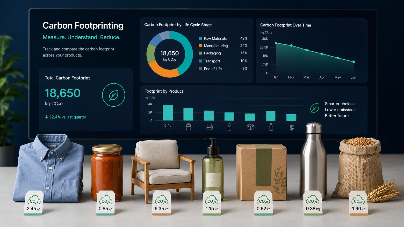 Carbon footprint measurement for different product types including fashion food furniture and packaging